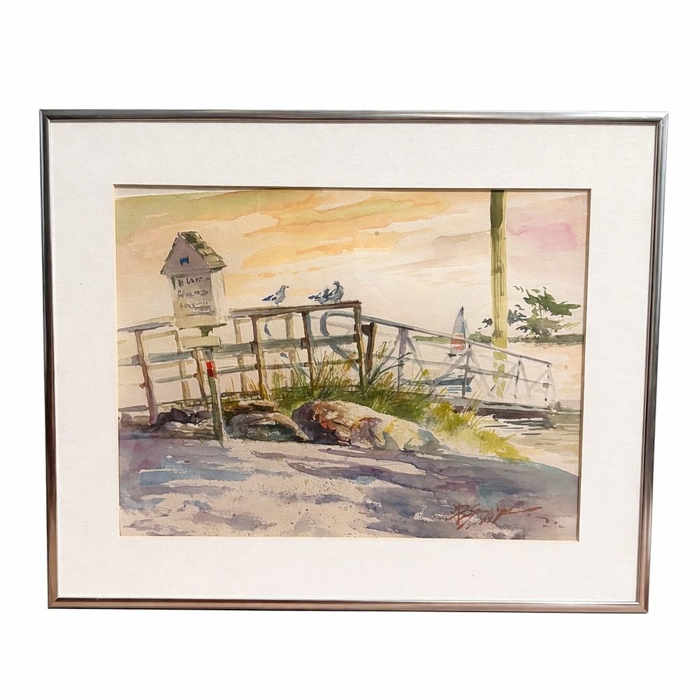 Original Coastal Watercolor Painting – Signed by Harumichi Shibasaki - Framed